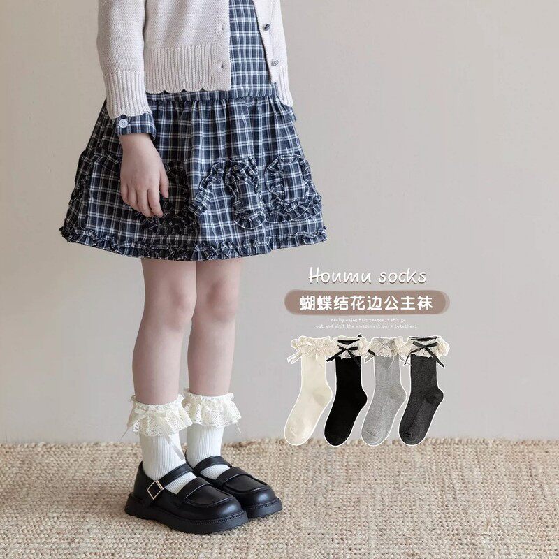 儿童中筒袜春秋季女孩宝宝蝴蝶结公主袜复古蕾丝花边秋天女童袜子