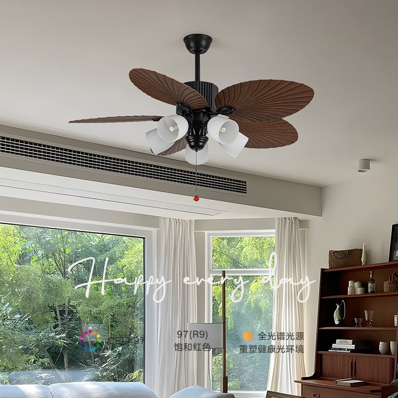 中古风风扇灯吊扇灯南洋风东南亚新中式静音铁艺餐厅灯客厅吊灯