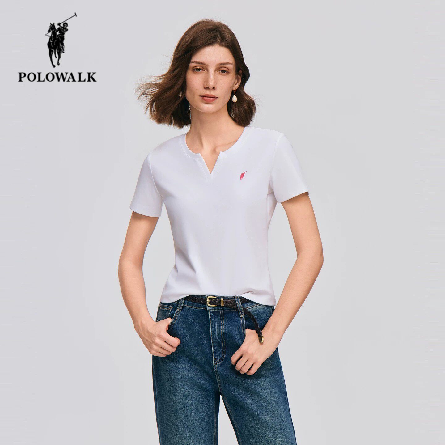 POLOWALK短袖T恤女26夏季新款保罗女装纯色休闲小v领修身显瘦上衣