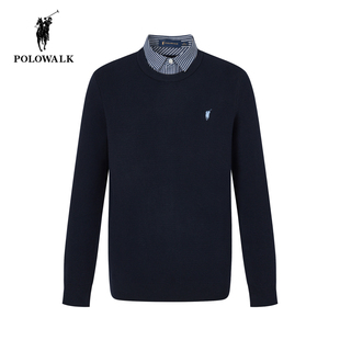 POLOWALK男士假两件针织衫冬季新款保罗男装商务衬衫领加绒毛衣男