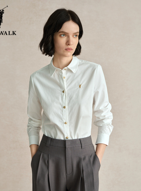 POLOWALK白色衬衫女秋季新款保罗女装修身显瘦气质休闲风长袖衬衣