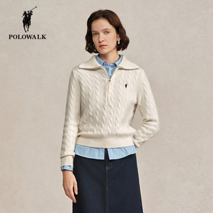 POLOWALK大翻领绞花羊毛针织衫女冬季新款保罗女装时尚半拉链毛衣