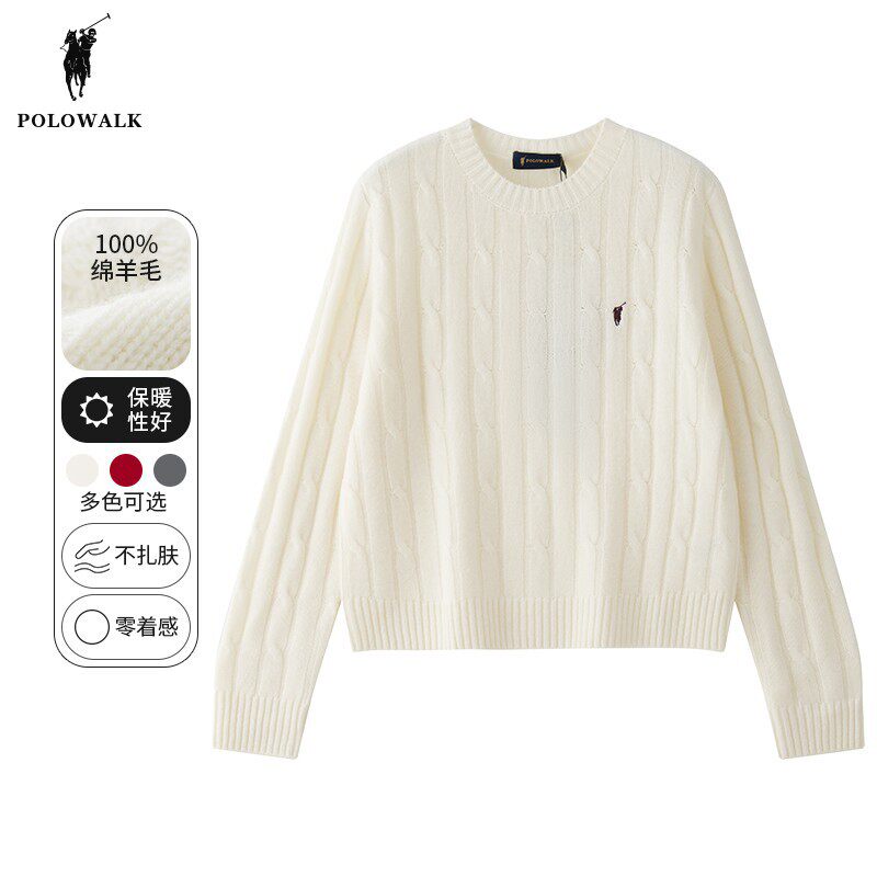 POLOWALK白色毛衣女2025冬季新款保罗女装圆领羊毛衫麻花针织上衣,女装/女士精品,毛针织衫,淘宝优惠券,粉丝福利购,淘宝优惠卷