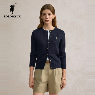 POLOWALK绞花针织开衫女2025秋季新款保罗女装复古休闲风毛衣外套