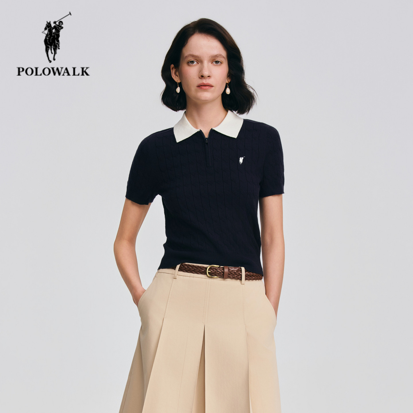 POLOWALK春季新品翻领绞花针织衫