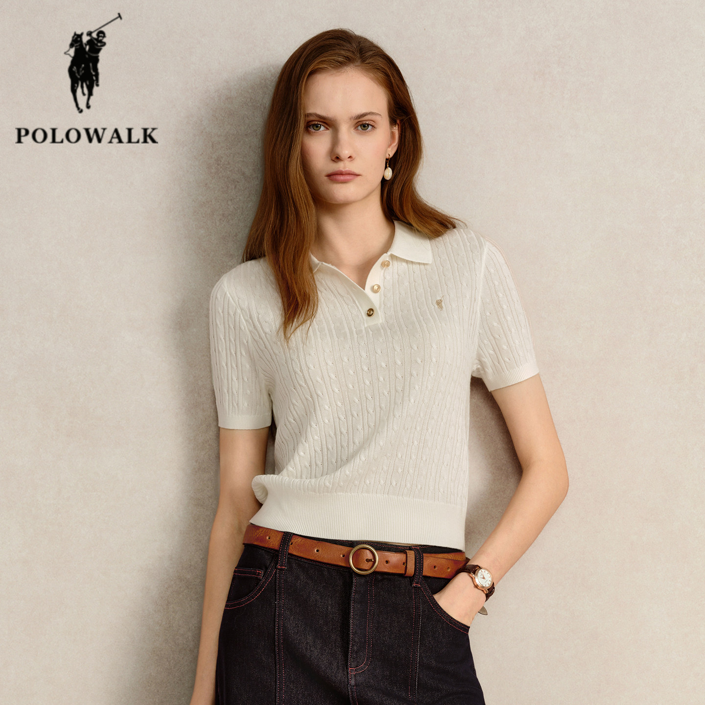 POLOWALK秋季新品绞花短袖针织衫图片