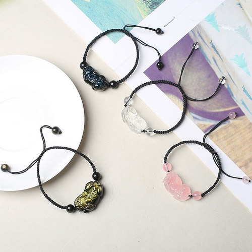 原创黑曜b石貔貅金手錬男简约白水晶手绳女粉晶颜九网红款情侣项