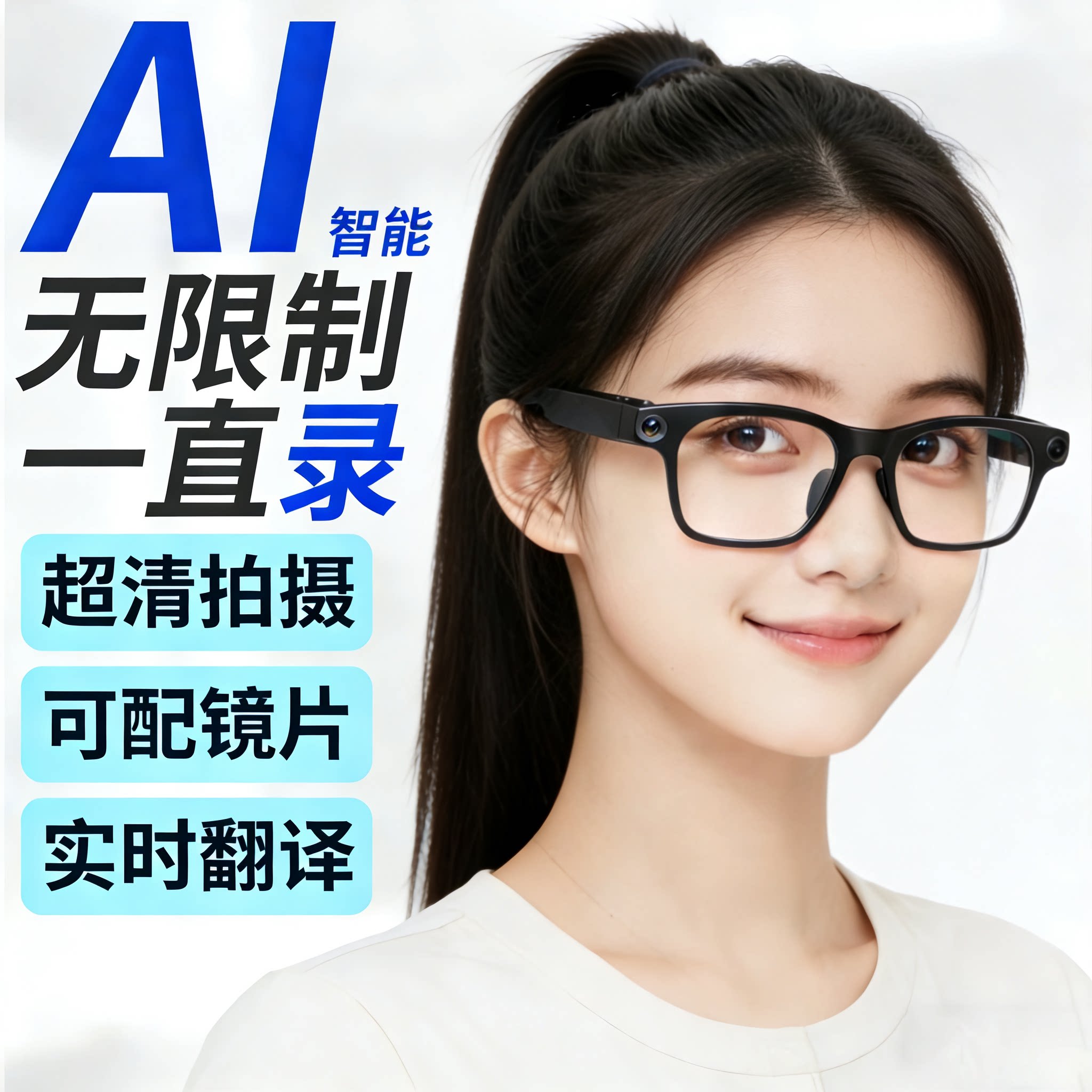 AI智能眼镜拍照带摄像头1200万像素蓝牙眼镜跨境新款智能实时翻译