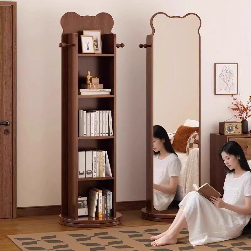 家用穿衣镜全身镜旋转移动带挂钩落地镜书架报刊S一体镜多层储物
