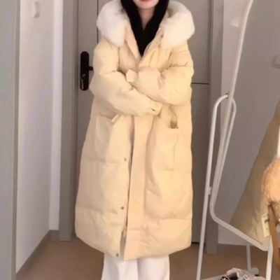 羽绒棉服女款中长款2025新款冬季韩系宽松过膝大毛领加厚棉袄外套