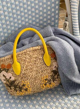 里洛家复古重工花朵刺绣包海边度假沙滩包大容量单肩包Y黄色手提