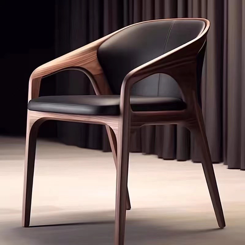 新中式北美黑胡桃木单人餐椅实木茶桌椅J子休闲椅真皮书桌椅靠背