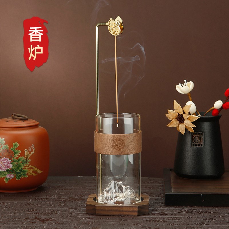 香炉倒挂香插八边形胡桃木香盘假山玻璃接灰容Q器金属福字葫芦香