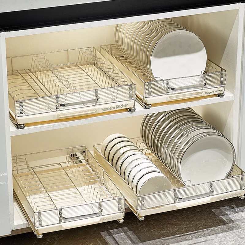 德国抽屉式厨房抽拉碗碟收纳y架免打孔橱柜碗架拉篮碗盘沥水置物