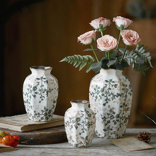 复古八角陶瓷冰裂花瓶摆件客x厅新中式水养插花玫瑰茶几书房田园