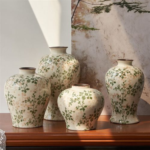 新中式田园风繁花覆古冰裂陶瓷花瓶插花鲜花水培客厅X餐桌创意摆