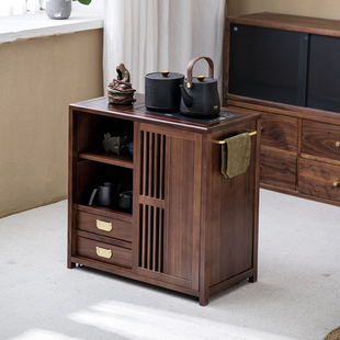 乌金木茶吧机实木茶水台边柜侘寂风茶水柜烧水壶一体移动茶台小型