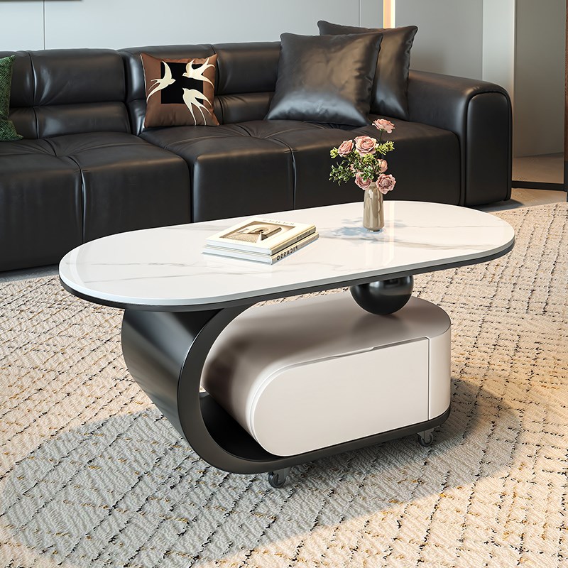 奶油风可移动岩板茶几客s厅家用小户型轻奢高级感创意椭圆形小茶