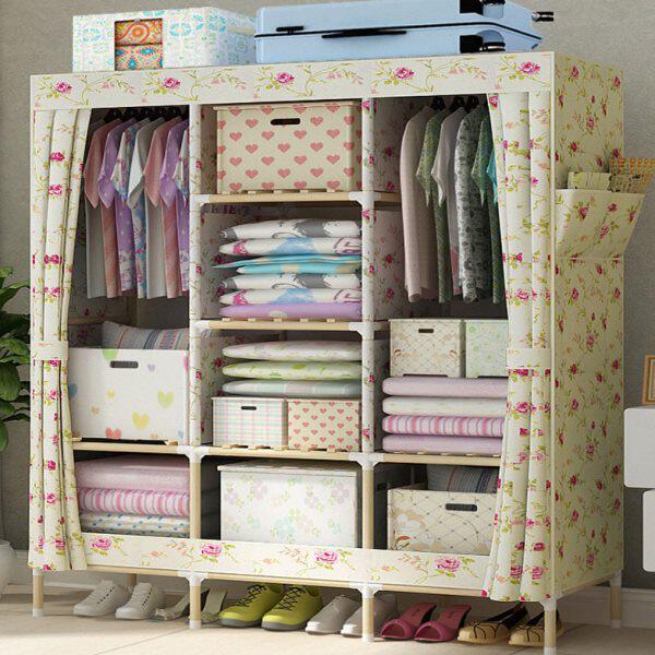 加粗加固牛津布简易布艺衣柜组装收纳衣橱木头木架实木质家用网红