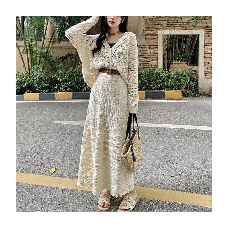 法式高级镂空针织开衫名媛女秋季高腰慵懒风毛衣裙时尚两件套装