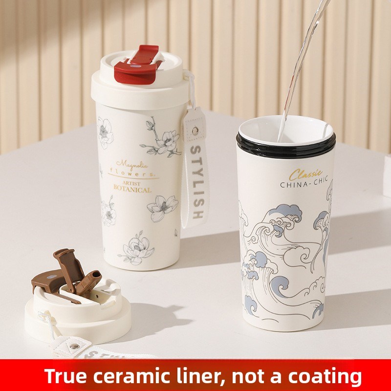 全陶瓷衬垫d保温杯,带吸管的男孩和女孩,文学和个性化咖啡杯,大容