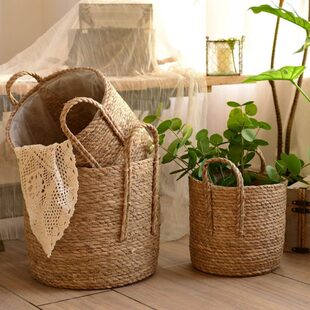 防水风植物草编花盆花篮套篮有蕨类筐田园塑料膜编织大号花花桶子