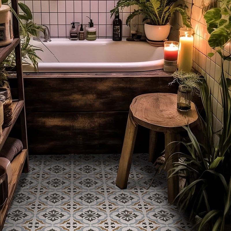 法式复古繁e花系翻新贴纸 厨房阳台地砖改造自粘地贴 防水防滑耐