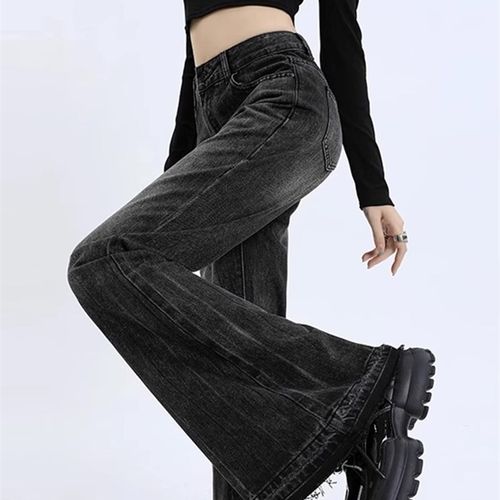 美式黑灰色微喇牛仔裤大码梨型身材遮胯显瘦喇叭裤不显三角区裤子