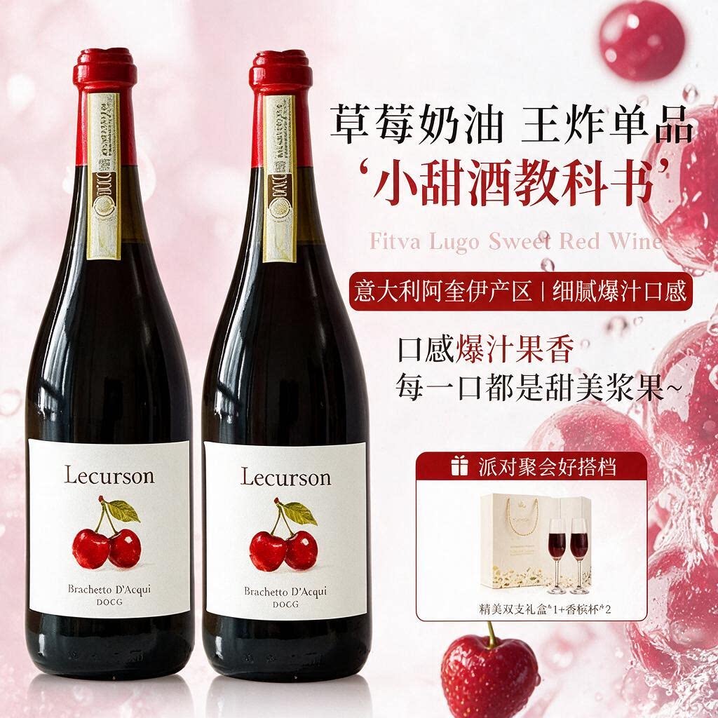 意大利进口DOCG布拉凯多甜红葡萄酒气泡起泡红酒微醺酒心派对礼物
