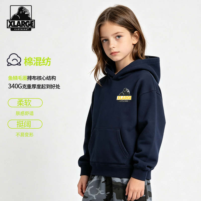 XLARGE儿童连帽套头卫衣2026新款春秋款中大童休闲百搭运动上衣潮