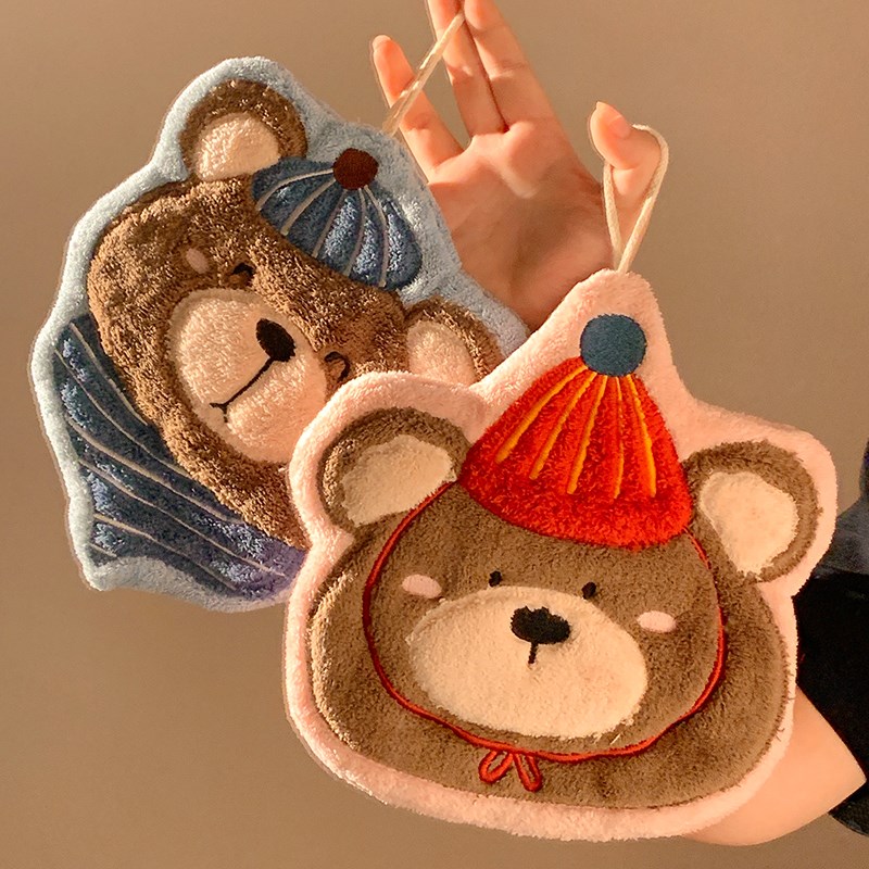 可爱小熊挂式擦手巾超强吸水珊瑚绒加厚毛巾卫生间不发臭厨房手帕