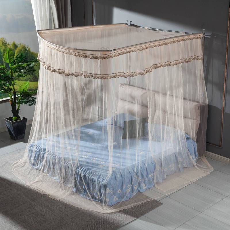 蚊帐三开门Ue形不锈钢30mm粗管伸缩压脚式免安装不打孔1.5/1.8m床