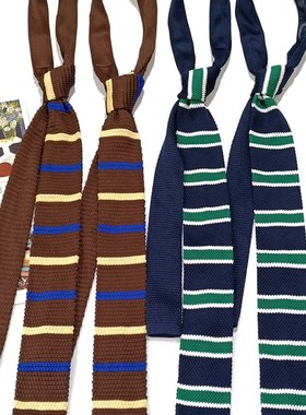 MIMI复古毛线领带女针s织平角横向条纹绿色藏青黄色棕色休闲手打