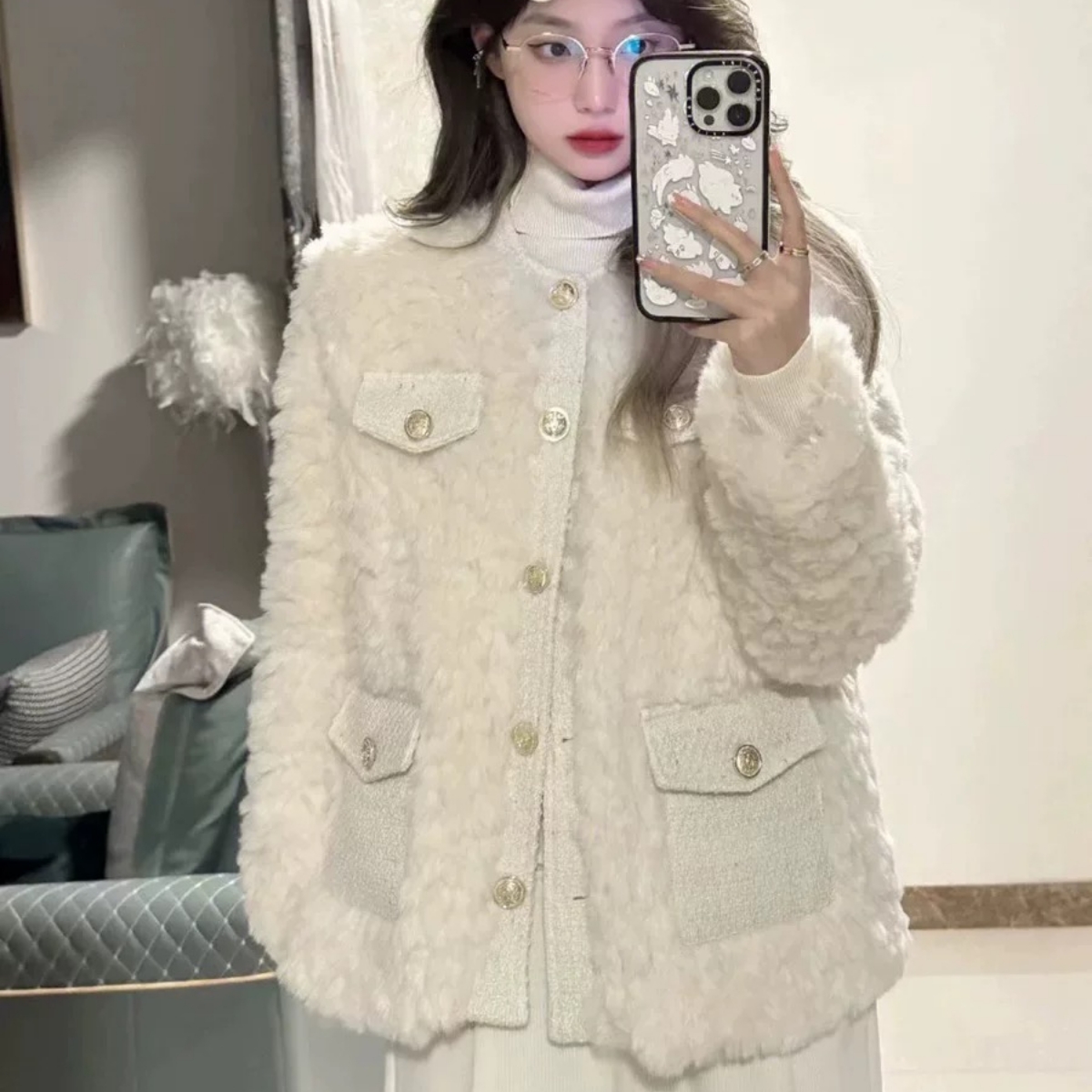 皮草小香风外套女冬天新款高级感可可仿兔毛大衣加厚圆领网红棉服