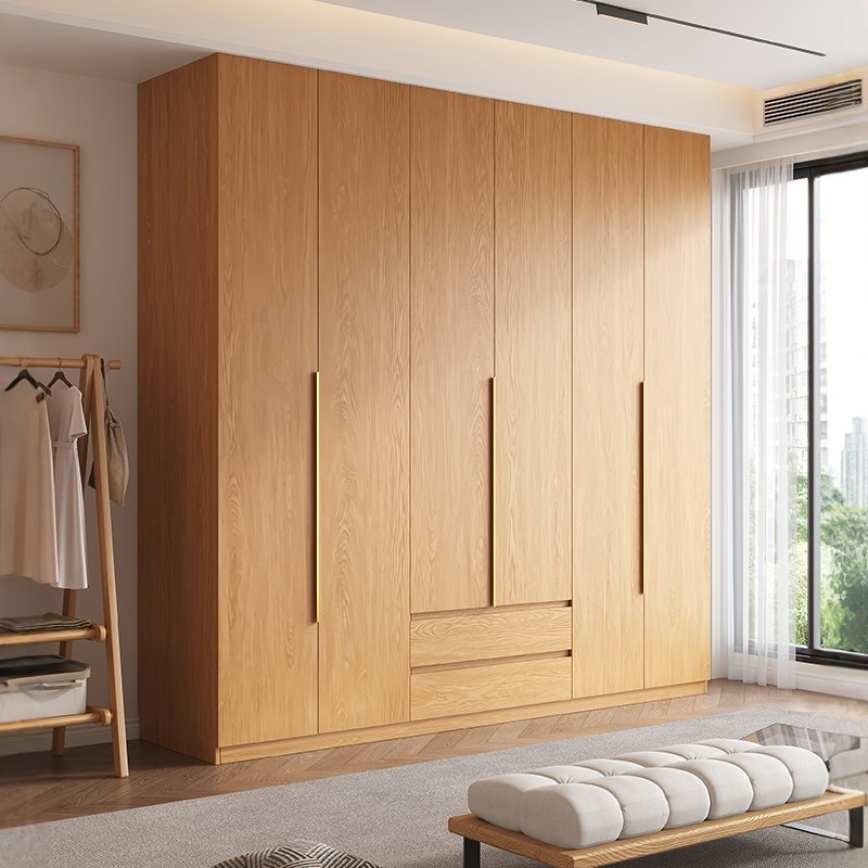 定制实木衣柜长拉手家用主卧室新款橡木色现代简约四六门衣橱柜子