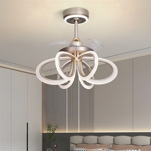 新款简约风扇三色变光全铜隐形风扇电机智能语音餐厅一体吊扇灯