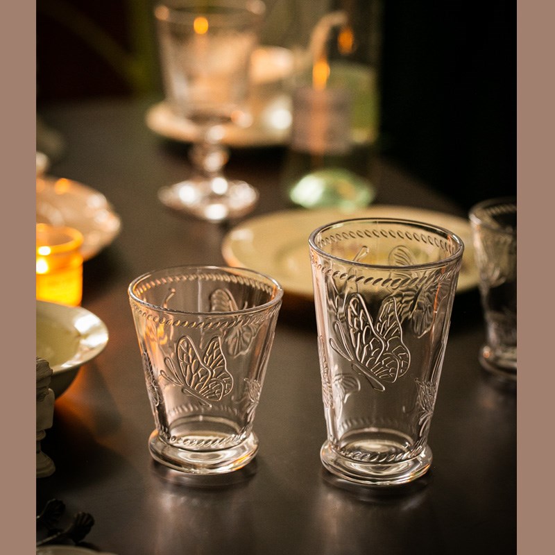 法式蝴蝶浮雕透明玻璃杯 水杯复古中古风饮料杯咖啡杯高脚红酒杯