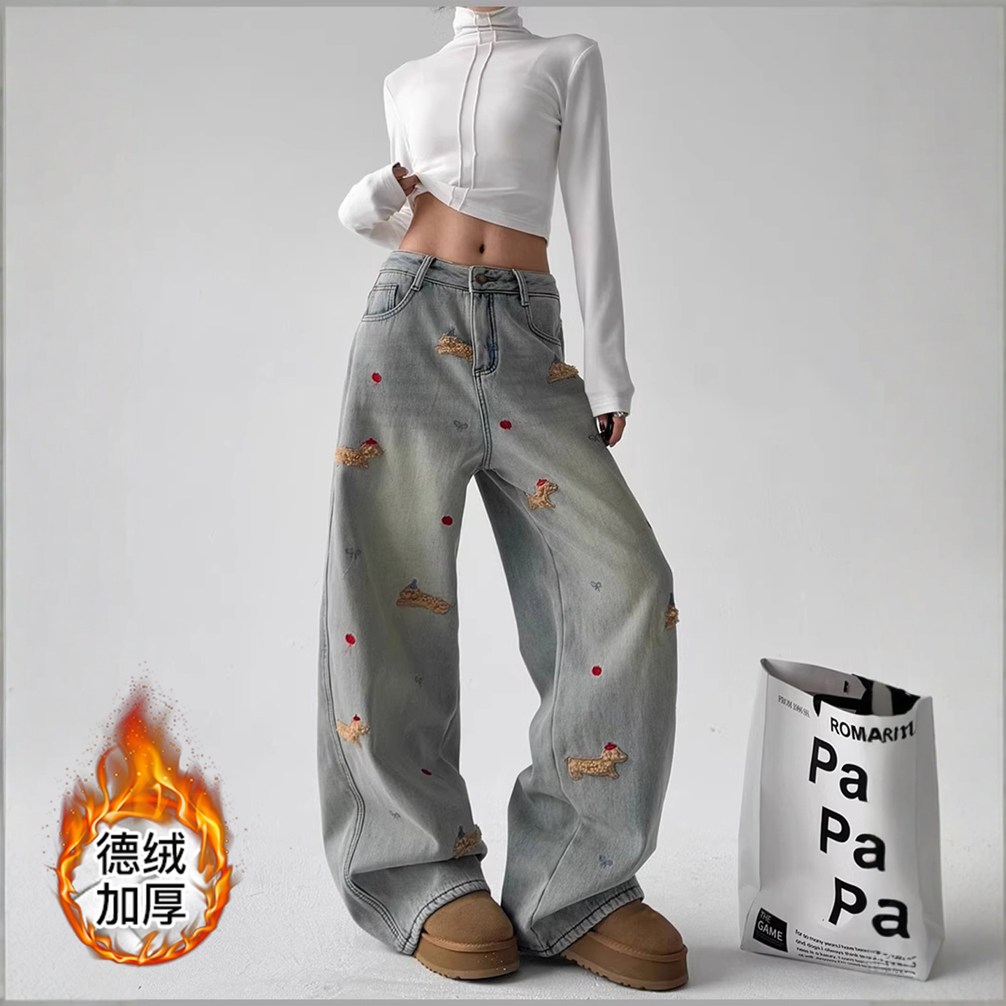 腊肠狗刺绣牛仔裤子女秋冬加绒加厚宽松慵懒风垂感显瘦直筒阔腿裤