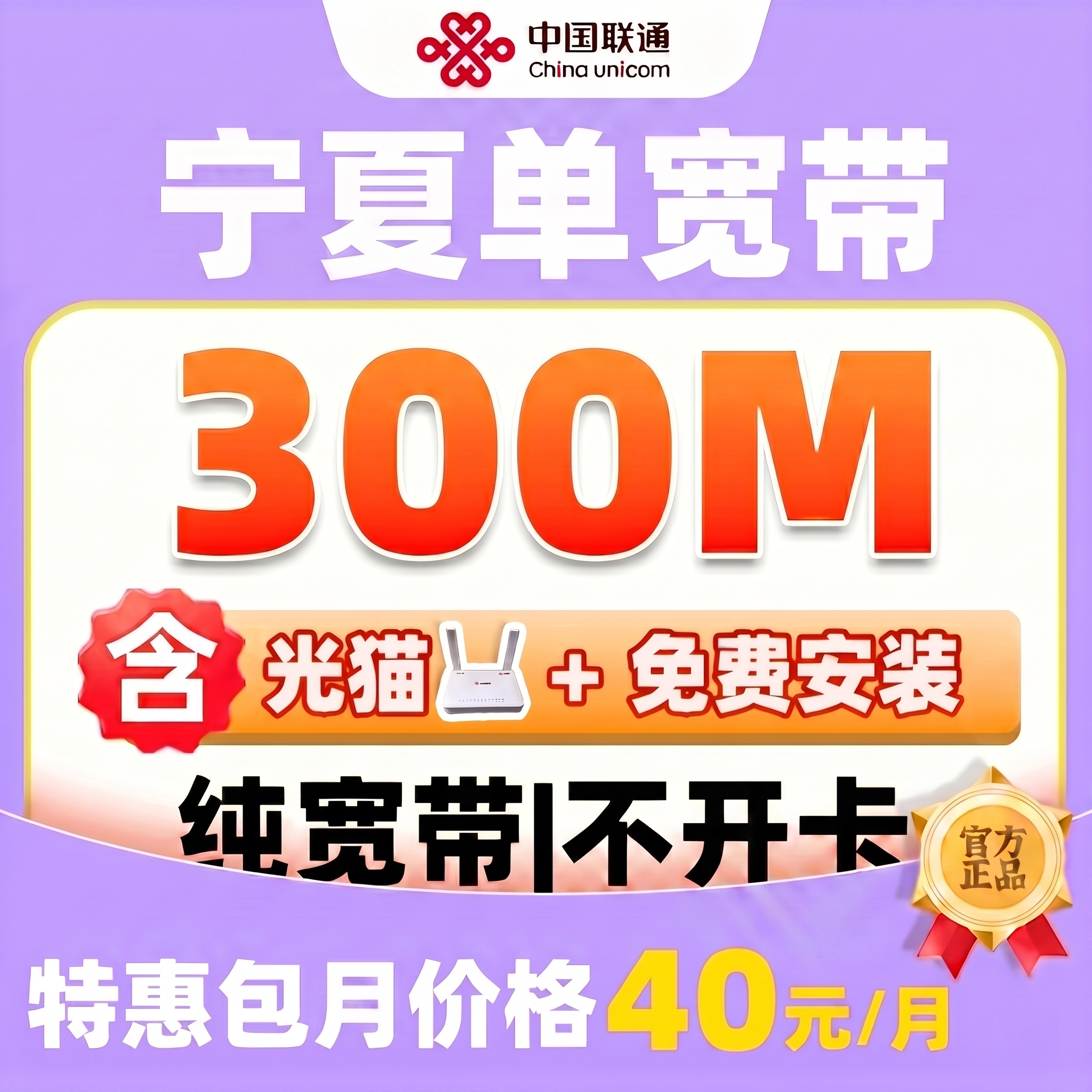 宁夏单宽带特惠包月300M/500M/1000M光纤宽带上门安装