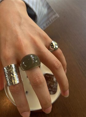 欧美复古不规则树脂金属混搭 个性夸张港风叠P戴高级感戒指食指戒