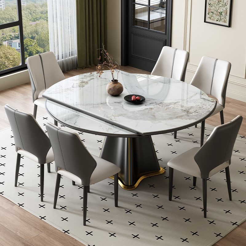 意式轻奢岩板餐桌家用小户型现代简约可伸M缩折叠方圆两用高端餐