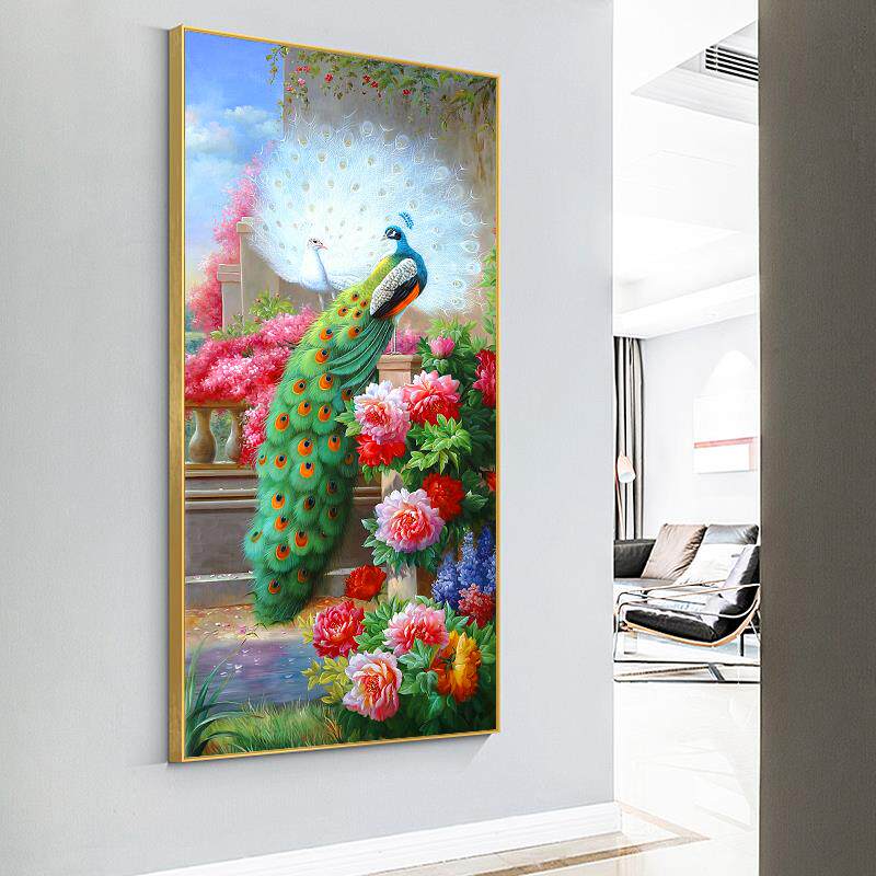 美式中式简约轻奢牡丹欧式孔雀油画手绘过道装饰画玄关入户新走廊