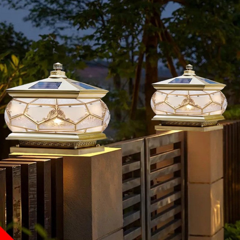 新款防水圆球柱头灯太阳能户外y围墙门柱别墅全铜庭院大门口柱子