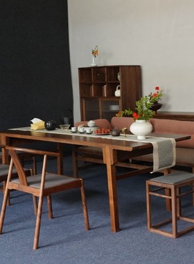 新中式黑胡e桃木长桌茶家具茶室禅意简约实木会客桌餐桌茶桌