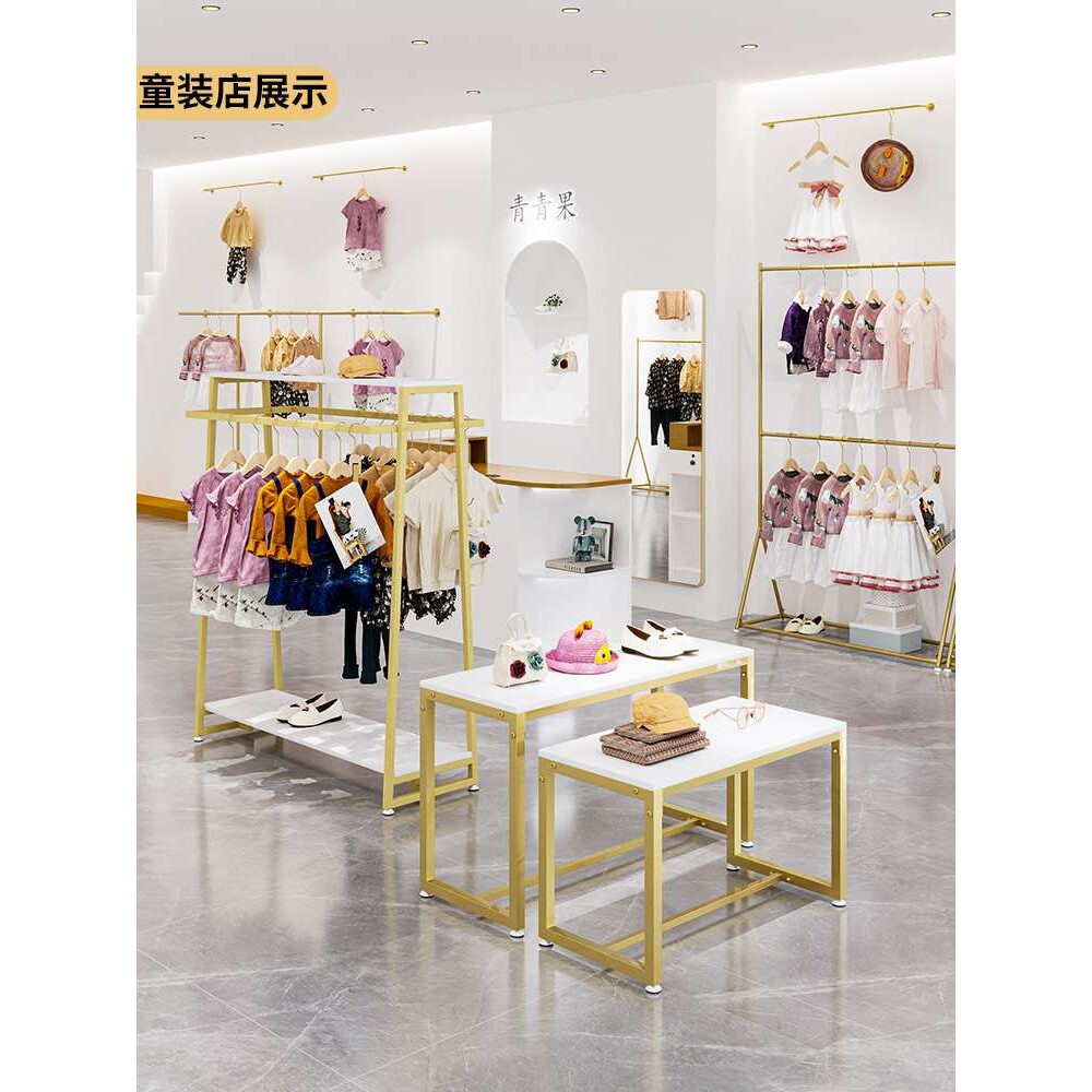 服装店中岛展示架落地式简约童装双排货架双杠侧挂衣架陈列置物架图片