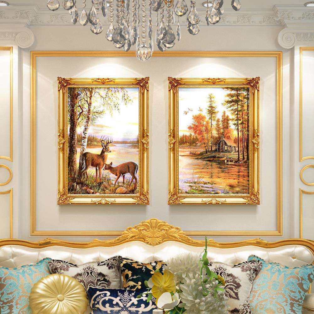 客厅装饰画入户玄关别墅挂画福禄双全风景油画走廊过道梅花鹿壁画