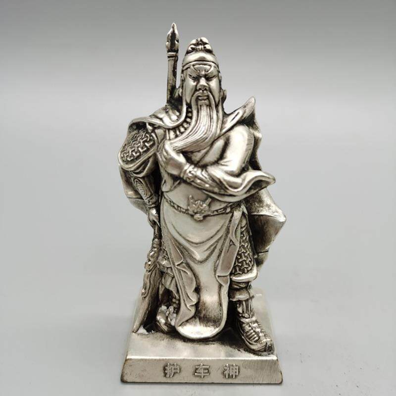 仿古白铜色护车神关公车内摆件工艺品合金忠义关公家居古玩摆设