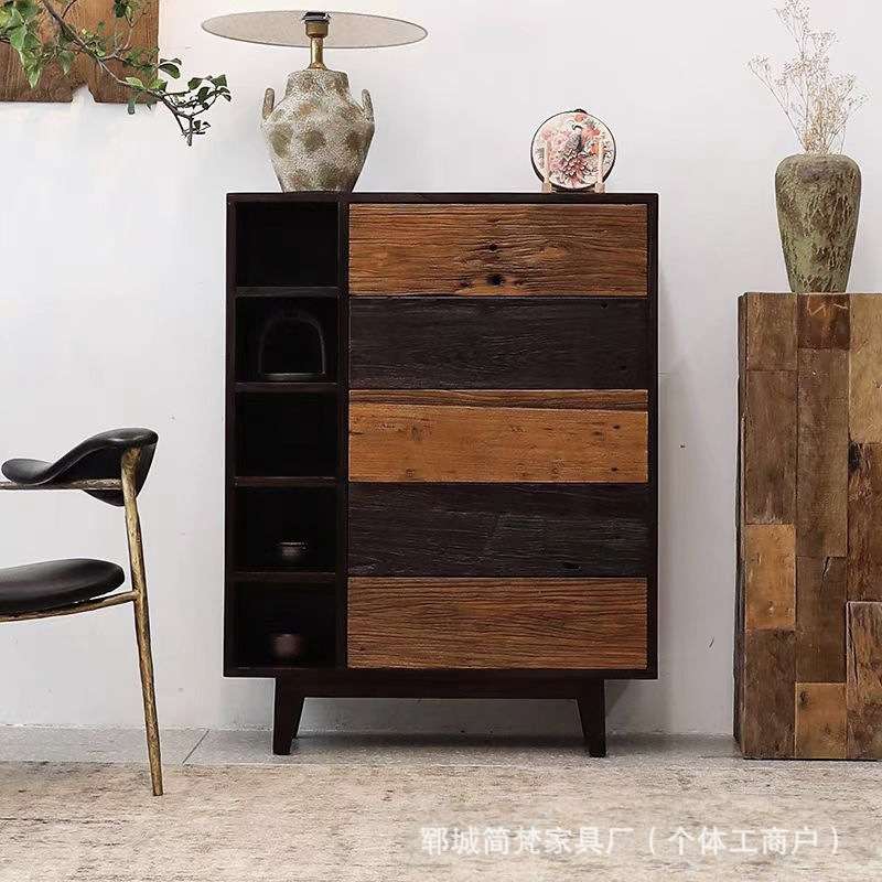 诧寂风老榆木五斗柜风化板实木收纳柜茶具摆件玄关杂物整理展示柜
