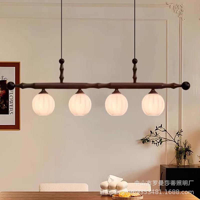 胡桃木吊灯法式中古风餐桌茶室灯具一字长条美式复古氛围感餐厅灯