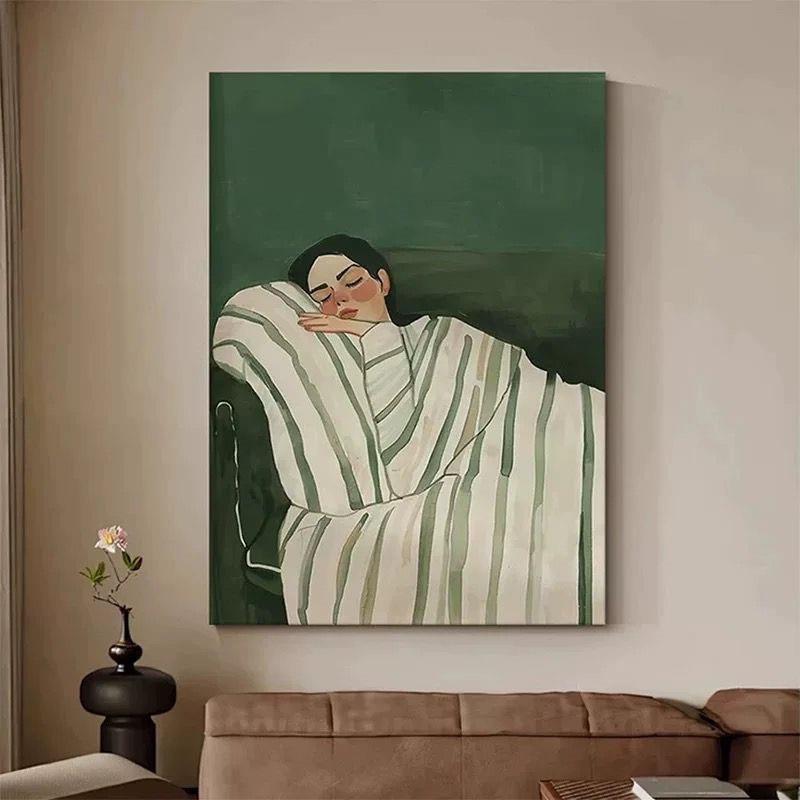 纯手绘人物油画中古风绿色客厅玄关装饰画高档慵懒少女卧室手工画